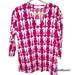 NWT Tracy Negoshian Pink White‎ Cotton Seahorse Tunic Top M